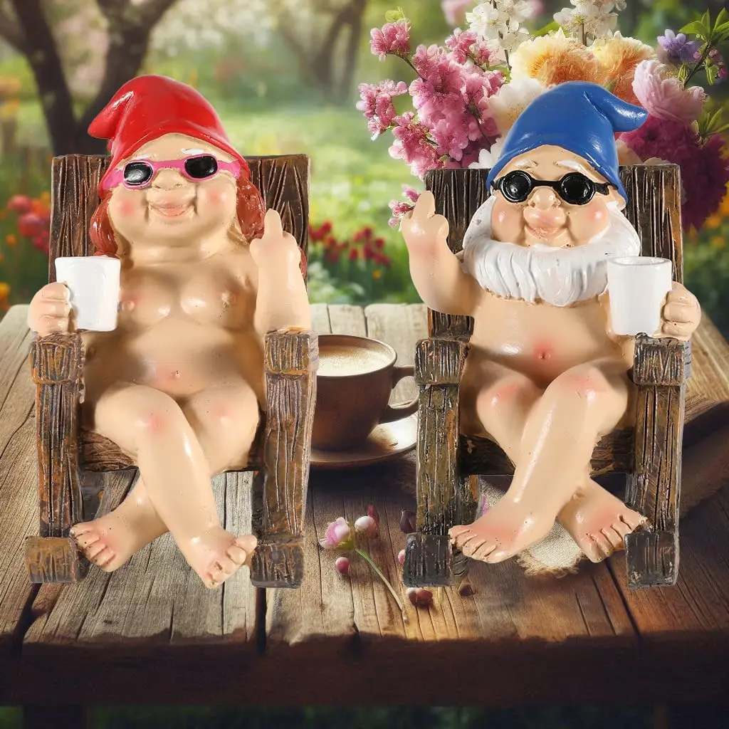 2-Pack Naughty Resin Gnomes Figurines - Funny Middle Finger Naked Gnome Collectibles in Rocking Chair, Resin Figures for Garden Home Decor, Wooden Ornament Gifts for Desk