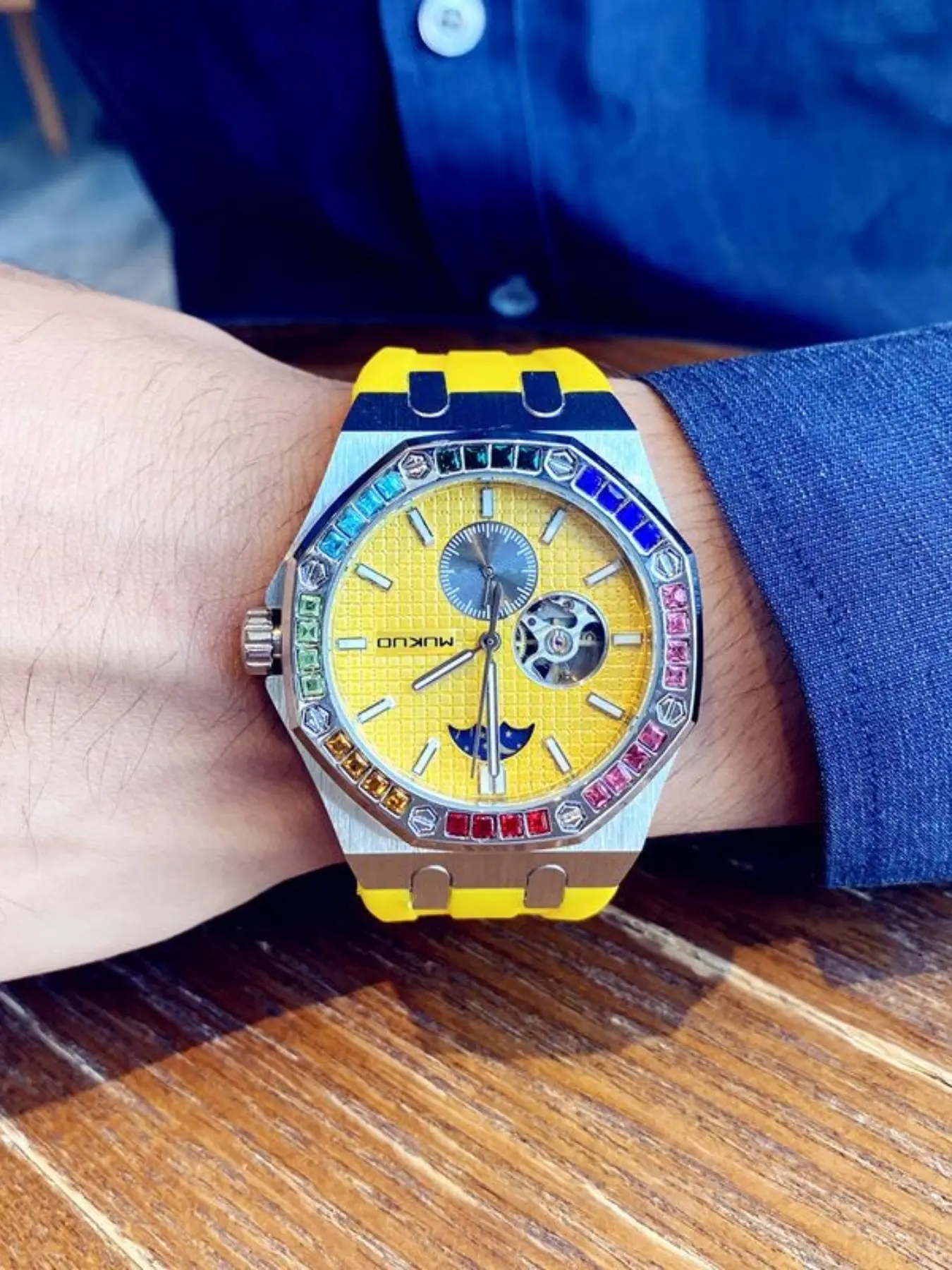 Trendy Street Style Casual Watch, Steel Case Octagonal Bezel Rainbow Diamonds, Blue Dial Moon Phase Open Heart, Unique Non-Matching Watch, Diamond Studded Watch