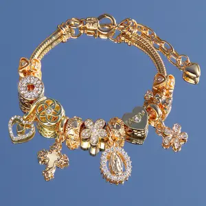 1pc Heart & Cherry Blossom Charm Bracelet, 1pc Fashionable Gold Tone Bracelet, 1pc Glow-In-The-Dark Cross Bracelet, 1pc Mom Angel Cross Bracelet Faith Wear Jewelry