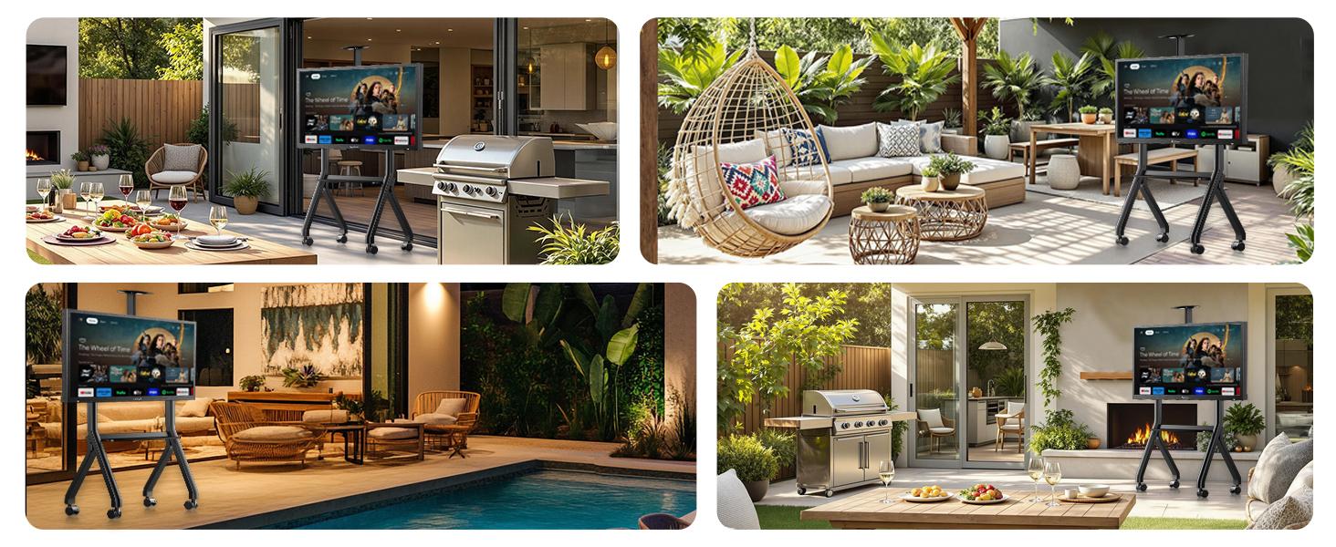 SYLVOX Outdoor TV Y-Type Rolling TV Cart Stand for 43-55 Inch TVs – Waterproof, Heavy-Duty Alloy Steel, 360° Locking Wheels, Adjustable Height & Shelf, VESA 100x100-700x500mm (Max 80kg/176lbs)