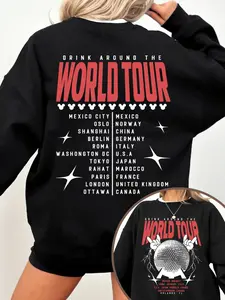 Women's "Drink Around the World Tour" Disney Crewneck Sweatshirt, Black Streetwear with Global City Art & Mickey Details, Perfect Gift for Disney Fans & Travel Nerds, Great for Disney Trips, Casual Hangouts & Travel-Inspired Outfits, Unique Retro Travel D