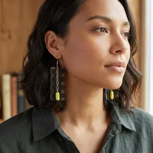 Elegant Black Leather Earrings with yellow Beads and Gold Chain for Women's Fashion