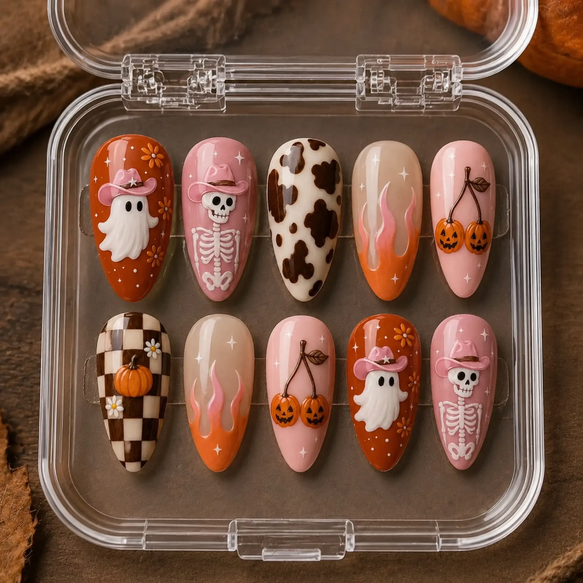 Handmade Western Halloween Press On Nails, Y2K Spooky Cowgirl Ghost Skeleton Nails, Cow Print Pumpkin Reusable Fake Nails, Retro Custom Nails