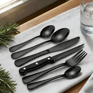 24-Piece Black Stainless Steel Silverware Set, Flatware Set for Kitchen, Cutlery Set with Steak Knives Black Stainless Steel Flatware Set for 4 Food Grade Tableware Cutlery Set Rust-proof, Dishwasher Safe