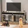 【 2 Cartons 】ZZWHOM 78 Inch Wooden Dog Crate Furniture, Double Door Double Kennel for Large Dogs, Rotating Food Bowl, Divider, Flip Up Door, Private Curtain, Durable Indoor Dog Cage, Puppy Crate Training
