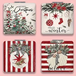 1PC Christmas theme folding makeup mirror, printed with Christmas tree, red fruit, stars, bows, Christmas stockings, mistletoe and other elements, with MERRY Christmas, believe, HELLO winter words, retro red and white striped background