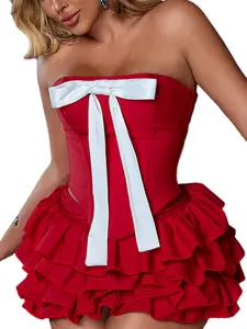 【26 Valentine's Day】ApperlothA Women's sweet Corset Tops - None Stretchy, Cute Bowknot Decor, Boned, Lace Up Back, Corset Dating Party Tube Top Festival Outfits - Christmas & Valentine Outfits