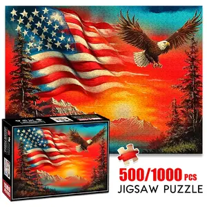 1pc 1000 piece adult puzzle 70x50cm Flying American Flag with Bald Eagle and Mountain Scenery 500 pieces of paper jigsaw puzzle, suitable for adults and families, large-scale DIY puzzle interactive
