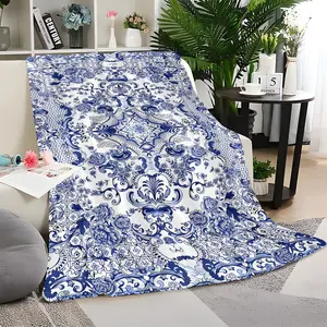 1Pc Vintage Blue And White Porcelain Mandala Bohemian Flannel Fleece Throw Blanket - Soft Warm Cozy All-Season Hypoallergenic 200-250Gsm, Blue & White Floral Medallion Pattern With Navy Borders, 100% Polyester For Sofa Bed Camping Travel
