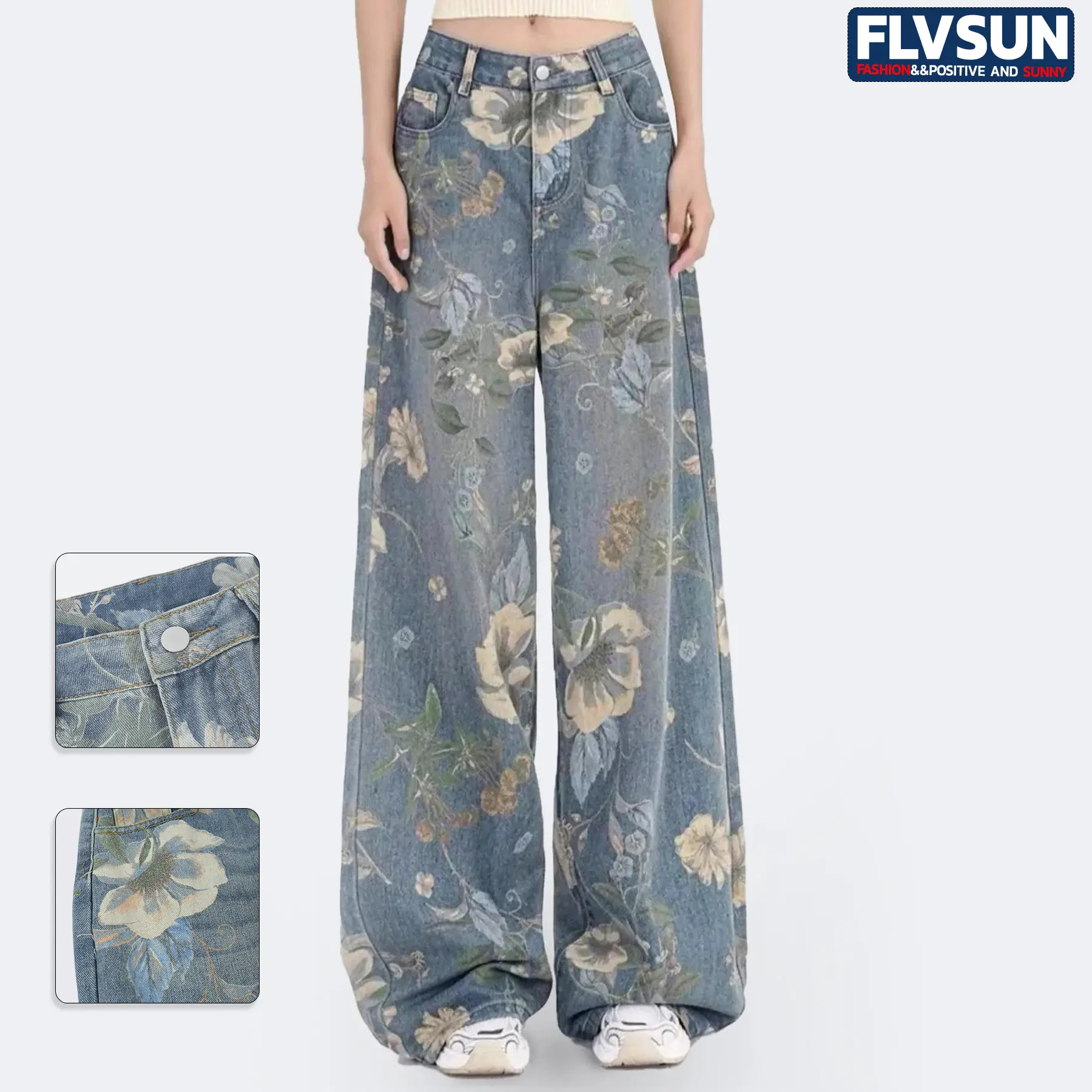 Flvsun-Denim Jeans For Women Wide Leg Jeans High Waist Baggy Jeans For Women Loose Boyfriends Jeans Denim Pants Y2K 90S, Bottoms, Floral