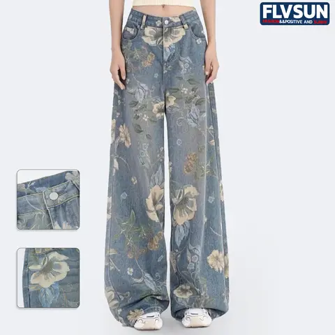 Flvsun Women's High-Waisted Loose Aesthetic Jeans - 2000s-Inspired Comfy All-Day Baggy Denim Bottom, Floral All-Seasons Womenswear Pants