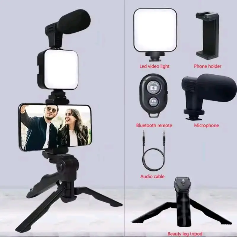 5-in-1 Vlogging Kit with Tripod LED Light Microphone & Phone Mount for Smartphones Cameras Tablets Beginner Video Blog Kit for Vehicle Use Organizer