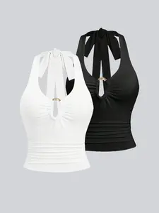 Summer Women's Two-Piece Set: Fitted Hollow Out Cami Top & Beach Cover-Up, Beach Outdoor Wear