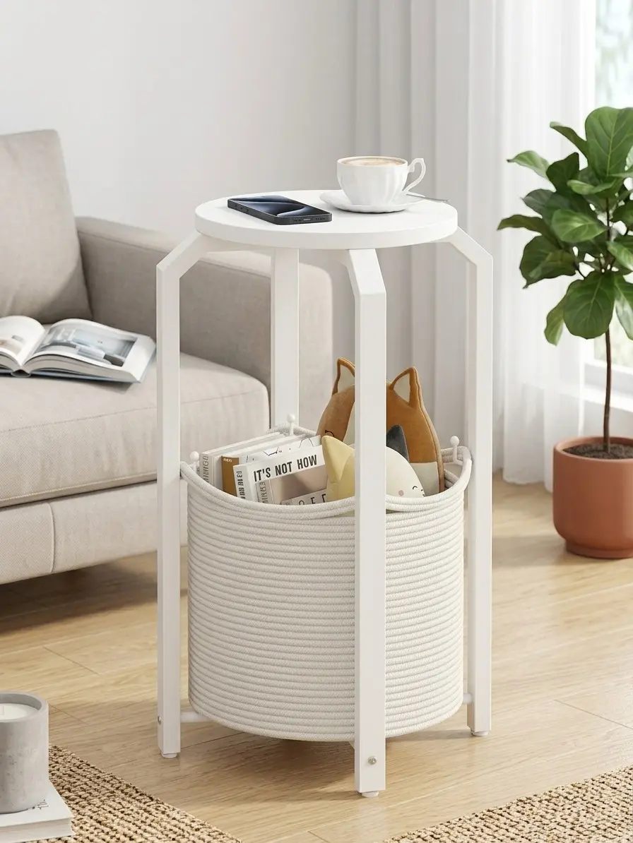 TUTOTAK Small Size Modern Circle Side Table with Storage Basket - Living Room Tables, Indoor Furniture with Ample Storage Space