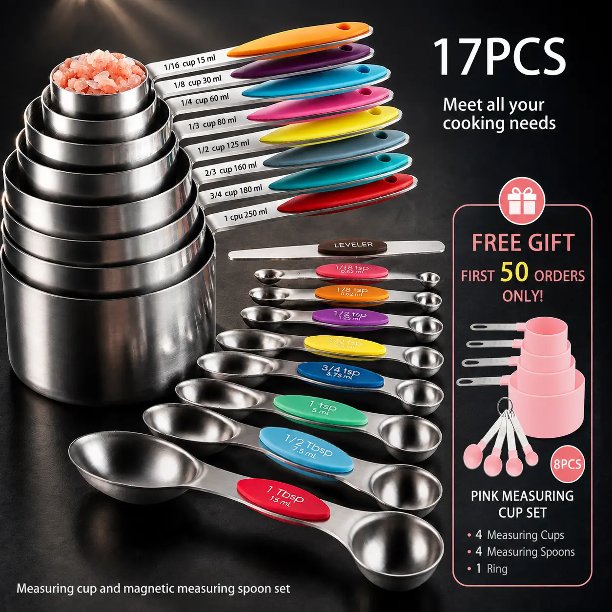 17-Piece High-End Stainless Steel Measuring Cup & Magnetic Measuring Spoon Utensils Set - Metric Marked, Accurate Dry/Liquid Measurement, Non-Slip Silicone Handle, Food-Grade Heat-Resistant, 1 Straightener for Kitchen Cooking Needs (Black Friday Pick)