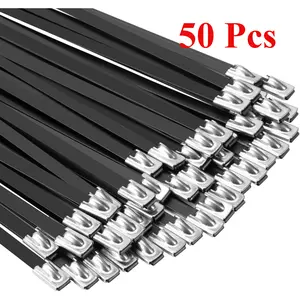 50 Pcs Metal Zip Ties Black 18 inch 290LB 50pcs Heavy Duty 304 Stainless Steel Epoxy Coated Locking Cable Exhaust Wrap Multi Purpose Binding for Machinery, Vehicles, Farms, Cables, Pipes,Fence