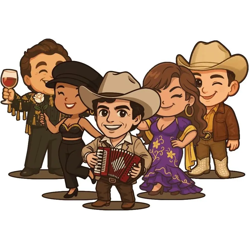 Mexican Music Legends Cartoon Vinyl Sticker Set of , Juan Gabriel, Selena, Jenni Rivera, Chalino Sánchez & Valentín Elizalde Waterproof Decal for Trucks, Cars, Laptops & More