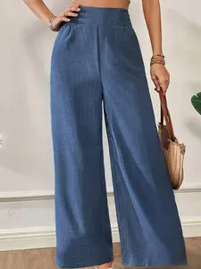 Elegant Women's Wide Leg Pants with Elastic Waist and Pleats, Long Trousers, Comfortable Spring & Fall Wear, Wide Legged Pants