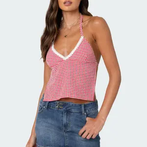 Women's Plaid Halter Camisole Open Back Lacing Terry Trim Sleeveless Sweetheart NeckFit Crop Tank Tops