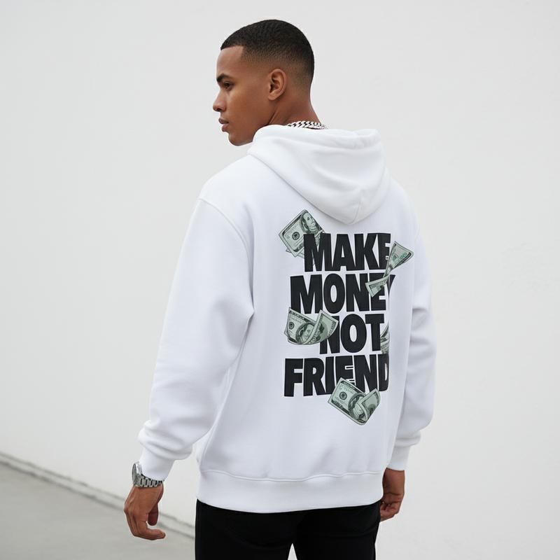 Men's MAKE MONEY NOT FRIENDS Graphic Hoodie - Cotton Blend Long Sleeve Pullover Regular Fit | Soft & Breathable Fabric, Durable Print, Everyday Comfort, Machine Washable, urban streetwear city backdrop
