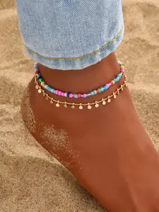 2 Pcs Boho Style Ankle Bracelet Set, Geometric Pearl Beaded Anklets, Multi-Layer Beach Vacation Jewelry, Layered Anklet, Trendy Jewelry, Avoid Water Contact