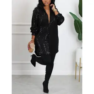 Plus Size Glitter Sequin Drop Shoulder Shirt Dress, Elegant Long Sleeve Button Front Dress for Spring & Fall, Women's Clothes for Party Holiday Vacation