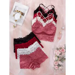 4-Pack Romance Lace Lingerie Set for Women - Sexy Solid Color No-Underwire Bralette and Mid-Rise Boyshorts, Knit Fabric, Adult Female Womenswear Panty Comfort