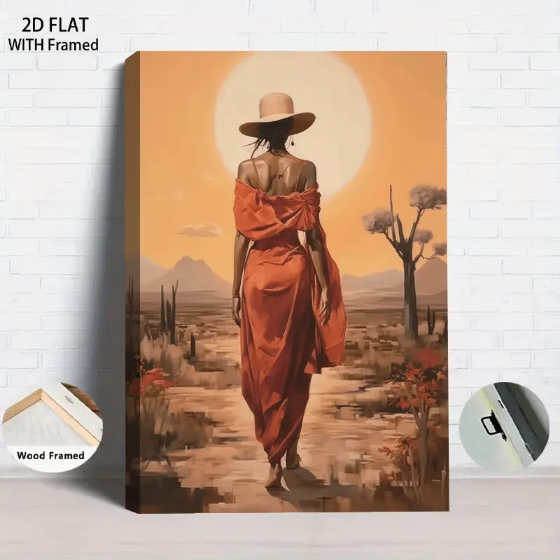 1Pcs Framed 2D Flat African Style Sunset Desert Decorative Painting Red Dress Woman Back Canvas Wall Art Modern Living RoomWall Decor Large Framed MuralHome Decoration Home decor Wall art