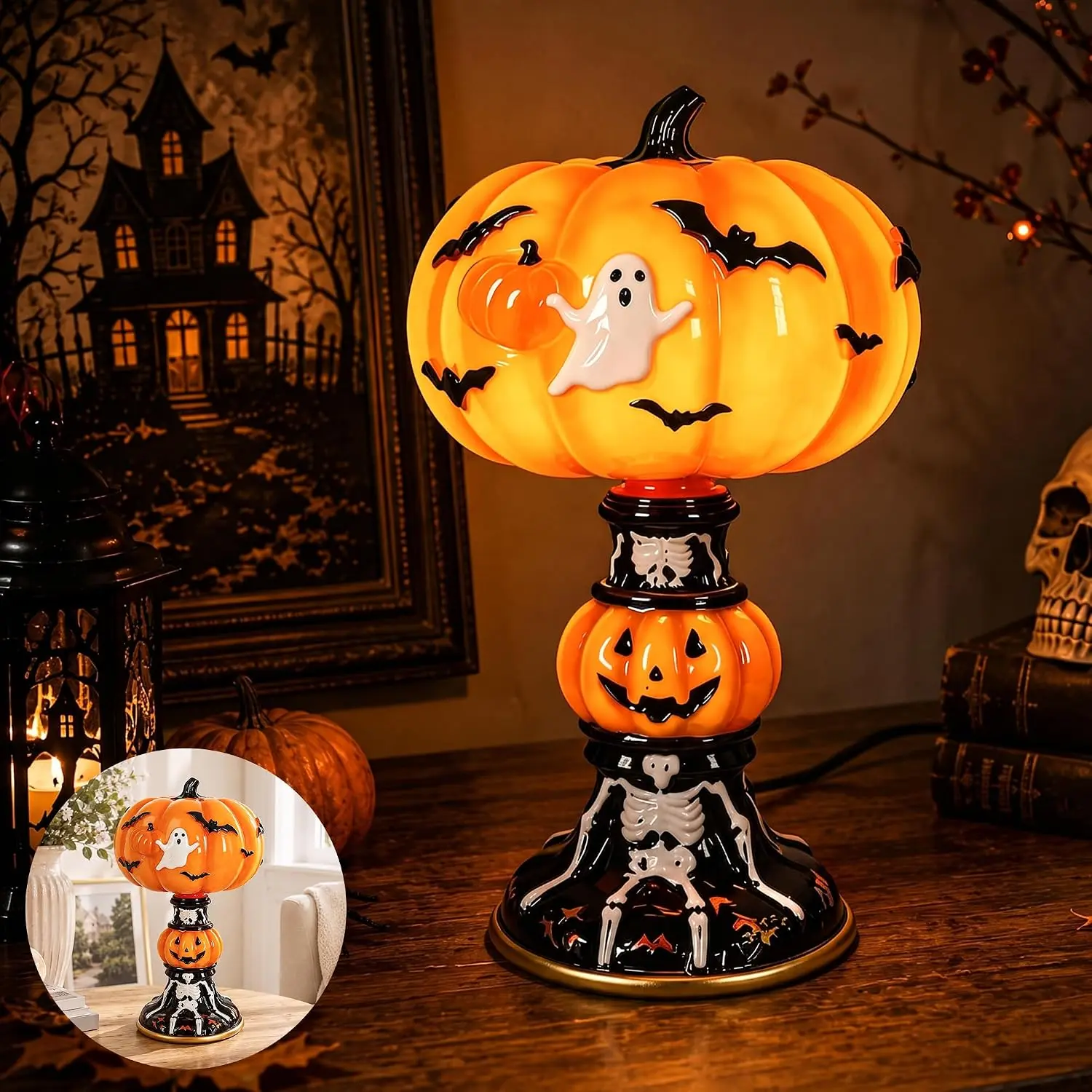 Retro pumpkin lantern, ghost bat and skull decorative lamp, LED warm light witch hat pumpkin night light, USB powered, creates a Halloween family party atmosphere and is the ideal Halloween gift.