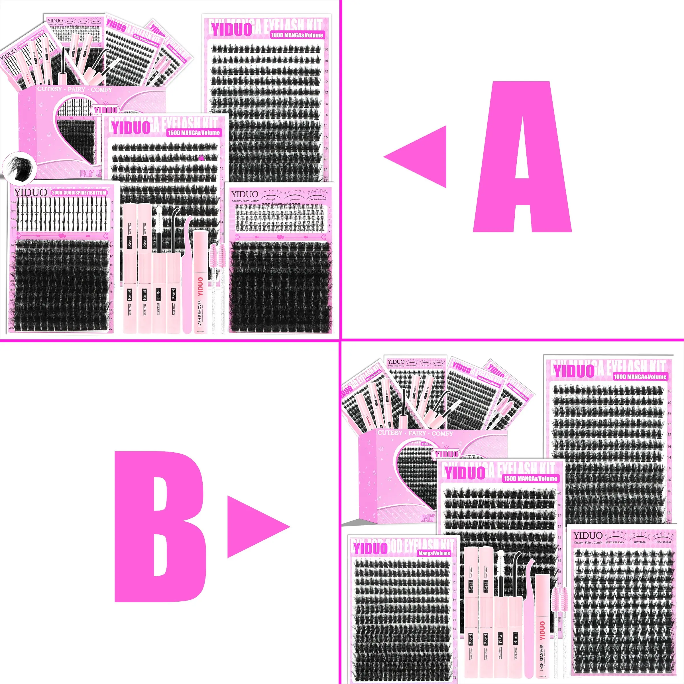 887 Pcs 4 Styles Lashes Kit 100D/150D/Manga/Volume Fluffy Eyelash Clusters Kit 10-18mm Cluster Eyelash Extension Kit D-Curl With Lash Bond and Seal*2, Lash Remover，Lash Tweezers,Eyelash Brush DIY at Home Easily Eyelash Extensions Kit Eyelash Set