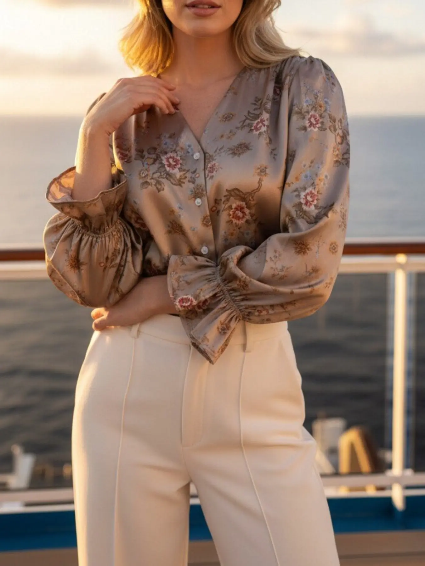 Women's Satin Floral Print Button-Down Shirt Button Shirt Blouse, Elegant Office Casual Top, Fitted Long Sleeve V Neck, Fall Winter Spring Daily Wear