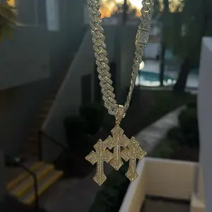 Cubic Zirconia Inlays with Gold Plated Miami Prong Cuben Necklace - 22’ Inch, Triple Cross Design, Copper Cubic Zirconia Stones, Gold Plated Finish