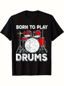 Natural Drummer Pattern T-shirt-Black Drummer Red Drum Design, Elastic Fabric Turtleneck Shirt, Suitable for Drummers and Music Lovers-Four Seasons Leisure Wear, Performance Practice Daily Essential-Machine Washable Regular Version, Drummer Gift