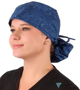 Big Hair Ponytail Surgical Scrub Cap - Perfect Scrub Cap for Long Hair - Indigo Blue Batik