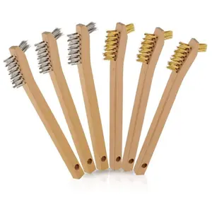 Wire Brush Set 6 count, Small Detailing Wire Scratch Brushes for Deep Cleaning, Brass/Stainless Steel Bristles with 8" Curved  Handle for Metal Rust Remover,, Dirt,  Scrubbing