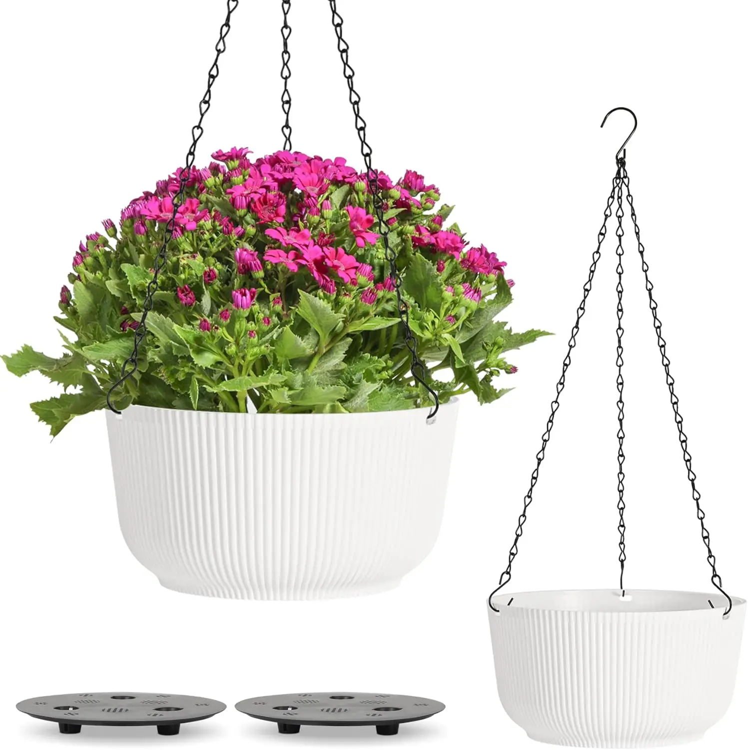 10-Inch White Self-Watering Hanging Planters with Drainage, Plug & Chains – Stylish Indoor & Outdoor Garden Decor