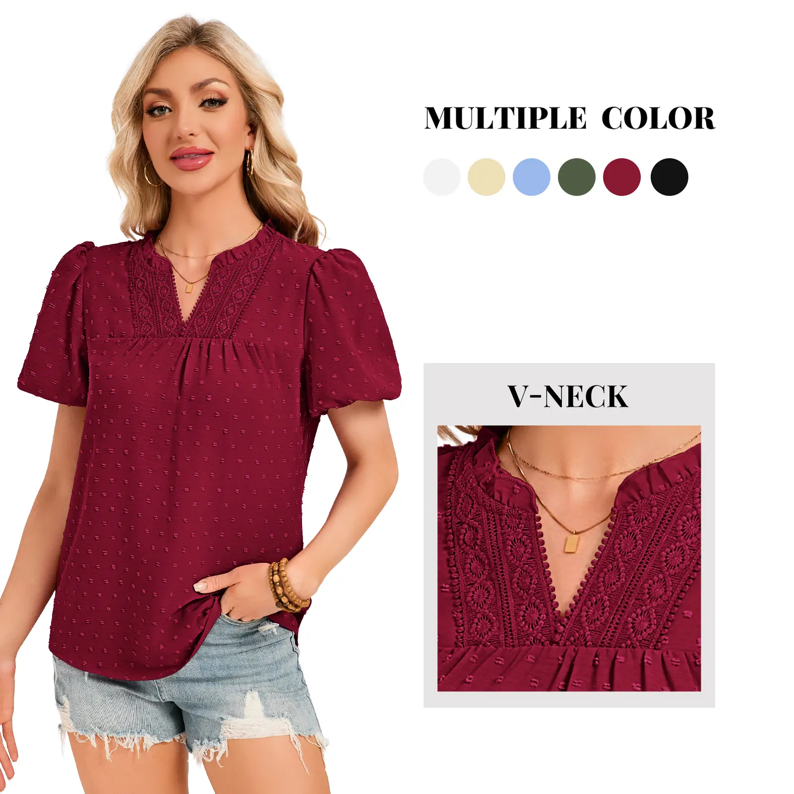 Women's Babydoll Blouse, Flowy Bohemian Swiss Dot with a V-Neck, Lace Crochet, and Puff Sleeves for Dressy Casual Wear, Lady, Fabric, Low Iron, Shirts For Women, Baby Doll Shirt, Ready To Wear, Chiffon