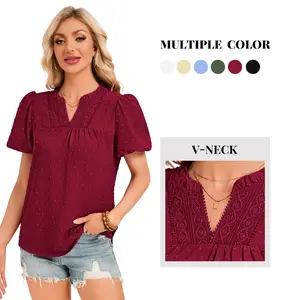 Funlingo Womens Boho Tops Summer Short Puff Sleeve V Neck Blouses Dressy Casual Flowy Swiss Dot Lace Crochet Shirts