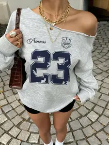 Women's Off-Shoulder Letter Print Knitted Sweatshirt, Soft & Loose Fit Casual Top, All Season Wear