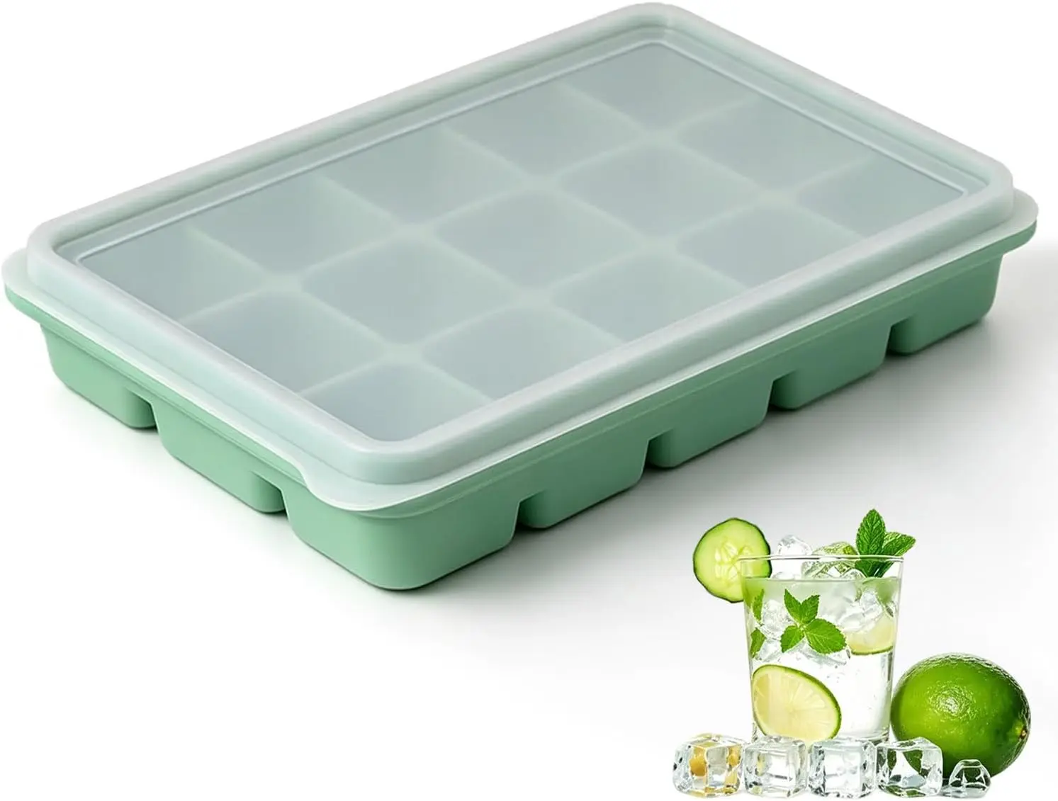 Ice Cube Trays with Lid, 1 Pack 15 Cubes Easy Release Stackable Flexible Silicone Ice Cube Trays for Freezer with Removable Silicone Lid for Baby Food, Whiskey, Cocktail, Coffee, BPA Free