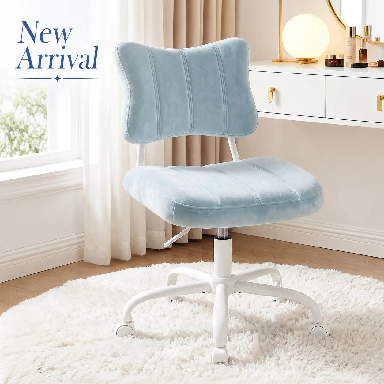 Raybee Powder Blue Vanity Chair with Wheels & Butterfly Backrest for Girls ,360°Swivel ComfyCute Desk Chair, Small Office Chair for Make-up Room, Bedroom, Dorm, Small Space, Height Adjustable, Gift #NewArrival