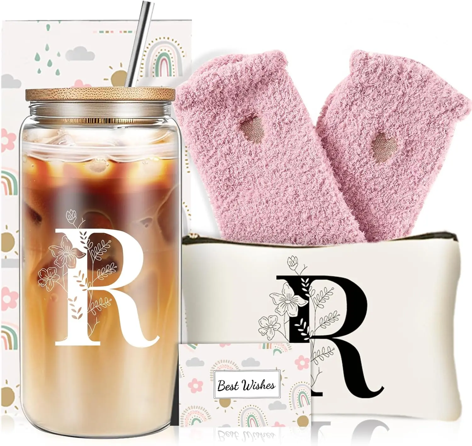 Unique Initial Glass Cup with Lids and Straws, Monogrammed Gifts Box Included Makeup Bag, Valentines Day Mothers Day Birthday Gifts for Women Mom Sister Grandma, R DHQH