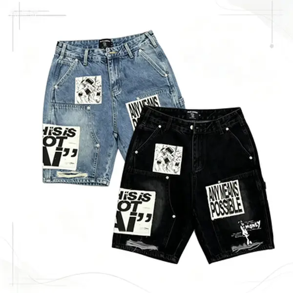 Men's Vintage Denim Jorts - Baggy, Distressed, Patchwork Hip Hop Y2K Carpenter Sports Shorts, 4th of July Summer Gifts for Emotion Enthusiasts