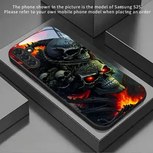 Flame Double Skull Pattern New Black Phone Case Tempered Glass for Samsung Galaxy S26 S25 S24 S23 S22Pro S21 S20 Fe Plus Ultra Pro A56 A55 A54 A53 A52 A51 A36 A35 A34 A32 A26 A25 A24 A23 A16 A15 A14 A06 A05 A03s