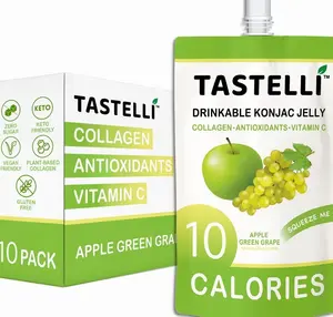 Tastelli Konjac Jelly Infused with Collagen & Vitamin C | Gluten Free, Sugar Free, Low Calorie | Vegan Drinkable Fruit Jelly Snack | Apple Green Grape | 150mL x 10 Pouches
