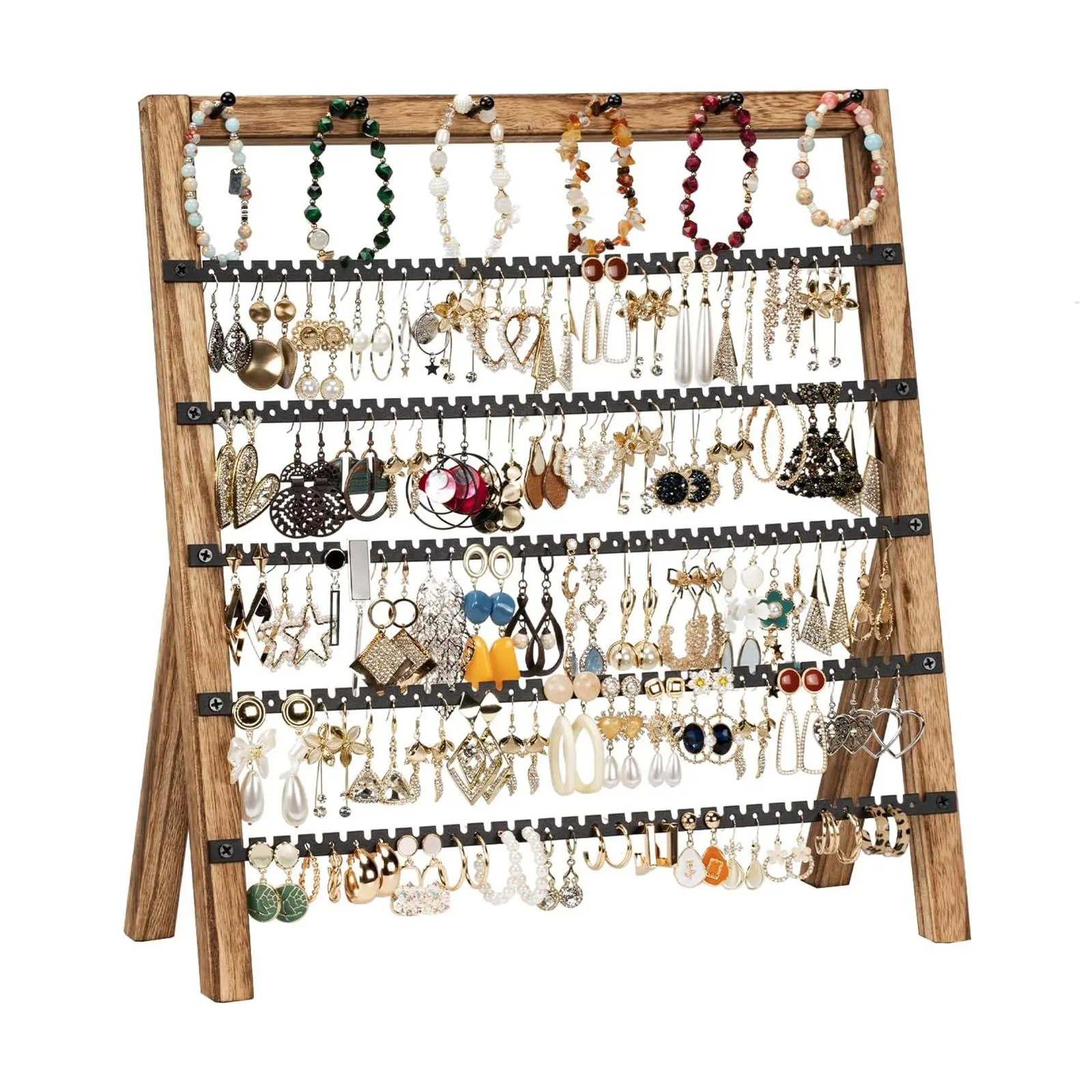 Earring Holder Organizer for Women, Jewelry Display Stand for Earrings Bracelets Necklaces Rings, 6 Tier Rustic Wood and Metal Jewelry Tower with 285 Holes, 6 Bracelet Rods, Stable Countertop Storage Rack