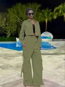2026 Two-Piece Set Women's Solid Button Front Crop Jacket & Pocket Cargo Pants, Casual Fashion Cozy Outfits for Daily Outdoor Wear, Ladies Clothes All Seasons, Wardrobe Essential, Street Style, Everyday