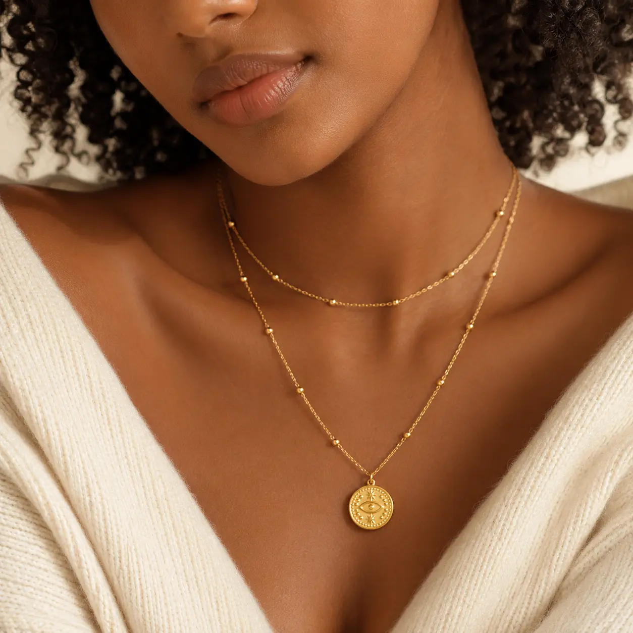 Metora Amara Gold Layered Eye Pendant Necklace for Women, Vintage Stainless Steel Layered Necklace Jewelry