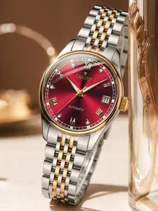 Women's Case Dial Mechanical Watch, Diamond-Embedded Roman Numerals, Casual Business Style, Unisex Design, Elegant Wristwatch