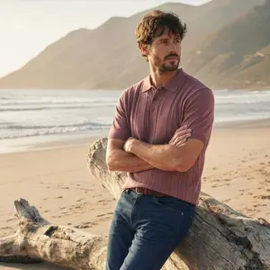 Pointelle Polo Sweater in Rose Brown